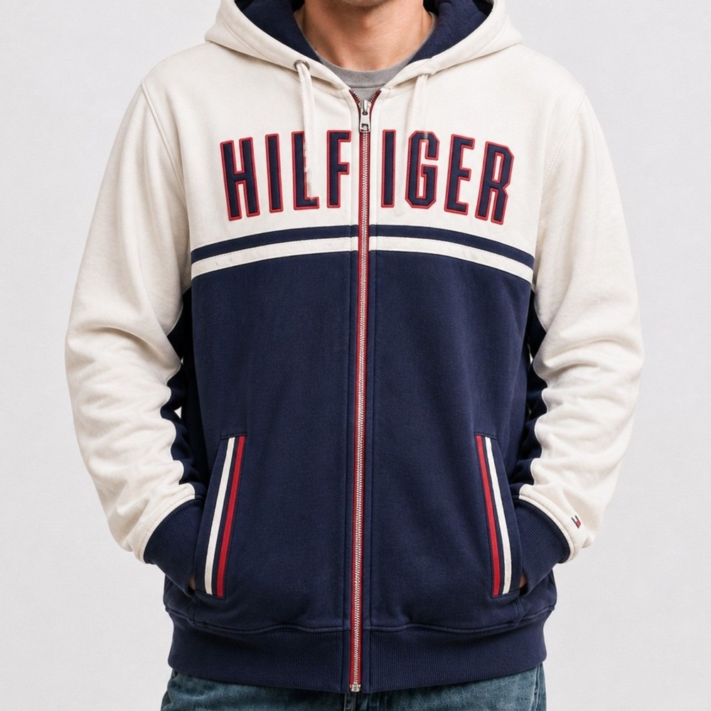 Tommy Hilfiger Mens L/G Full Zip Colorblock Hoodie Navy White Red Varsity Logo